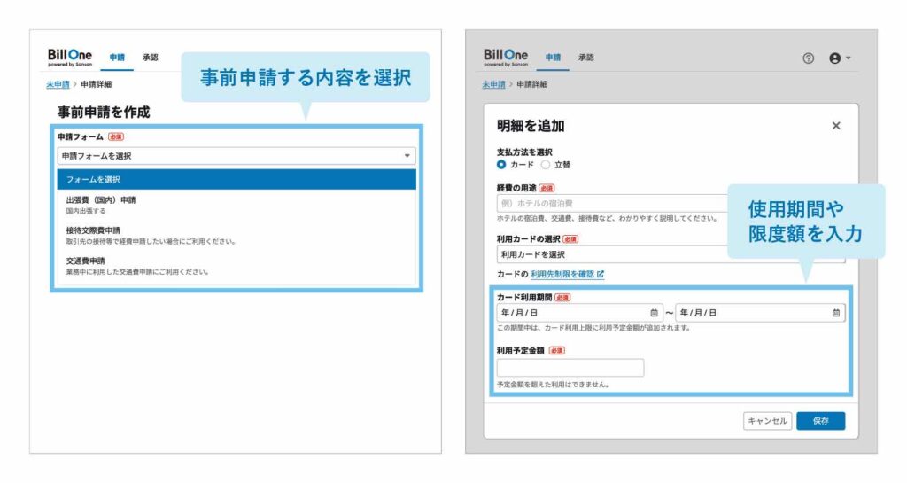 Sansan Bill Oneの「事前申請オプション」の使用イメージ